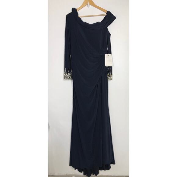 Mac Duggal 12231 Dress Beaded Cuff Drop Shoulder Faux Wrap Gown Midnight… - Picture 5 of 15